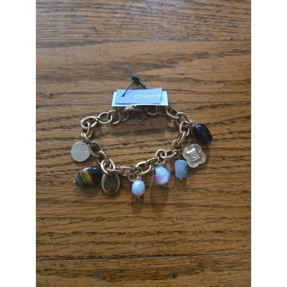 Chico's Gold Tone Multi Charm Chain Bracelet Bead Crystal Women's - Picture 3 of 6